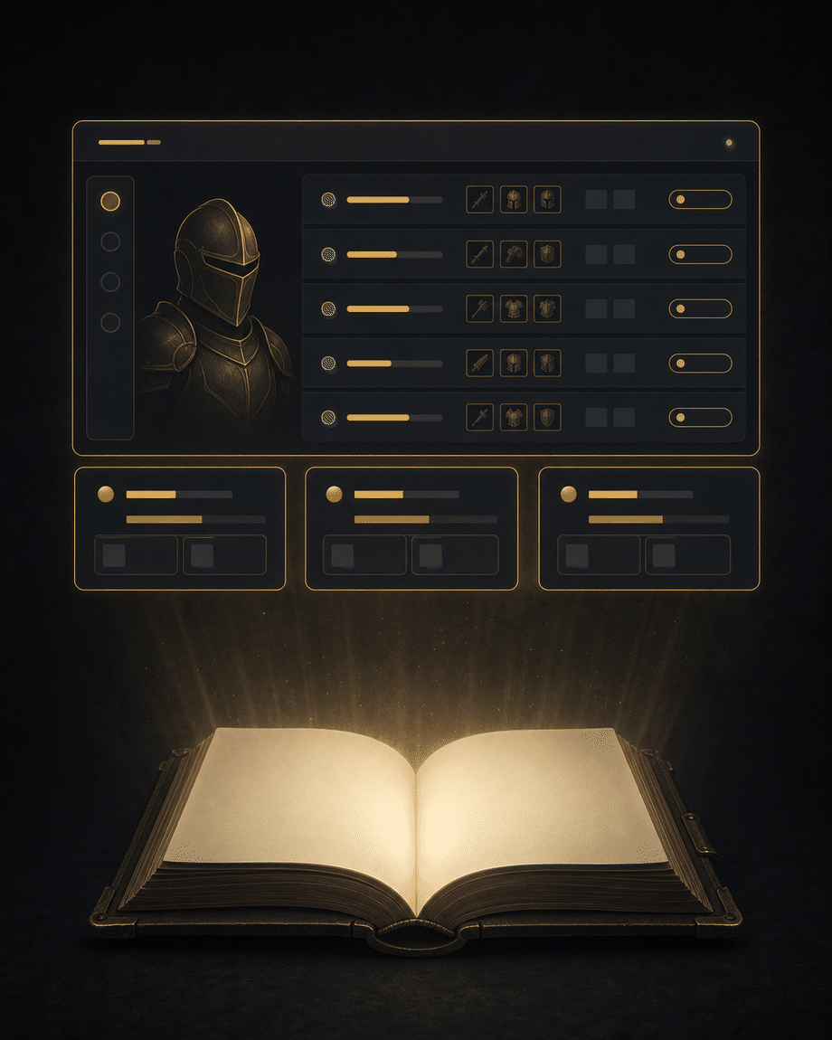 An open tome glowing on a dark table, projecting a character sheet above its pages with a knight portrait and rows of sharing choices.